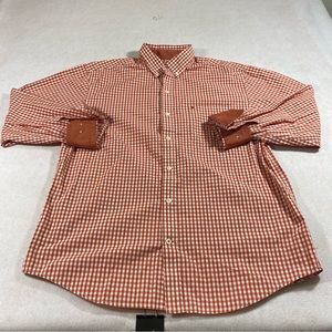 IZOD Shirt Men Medium Button Down Gingham Shirt Orange Long Sleeve Contrasting